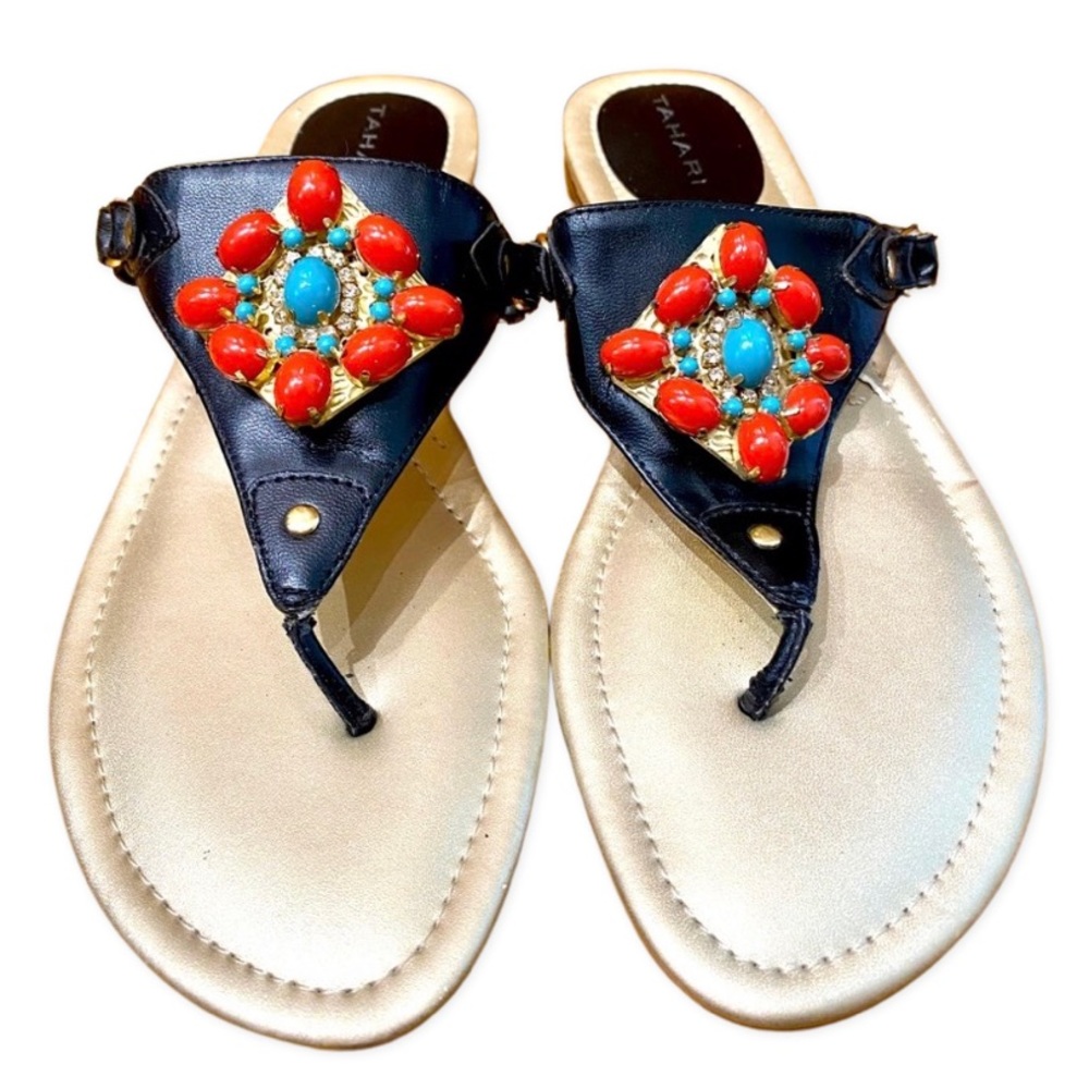 Tahari Black Leather Beaded Sandals